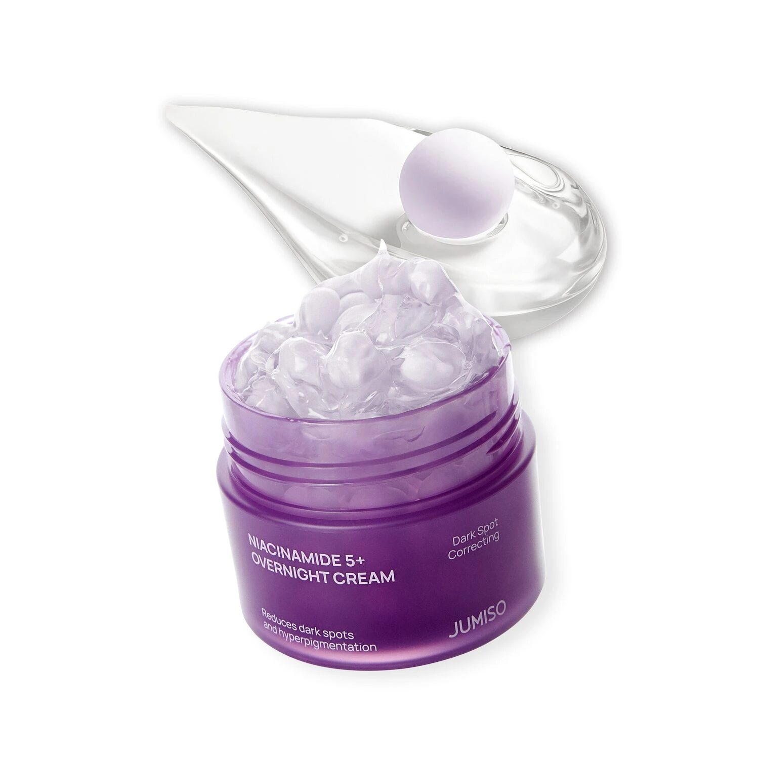 Crema Niacinamide 5 Jumiso mezclando gel transparente con cápsulas violetas en la mano